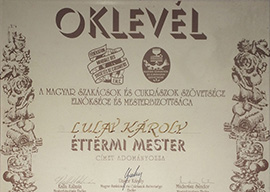 Lulay Károly, Éttermi Mester címlevél 1996